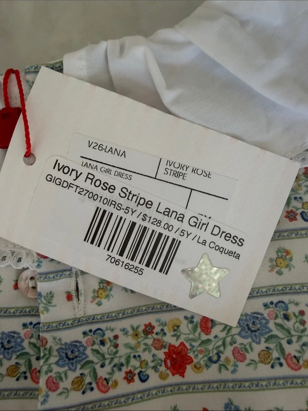 Girls' Floral Stripe Dress with Peter Pan Collar - White & Red
